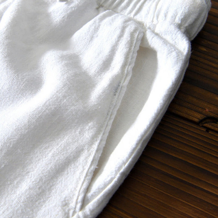 Pantalones casuales de lino y ramio con diseño simple de color liso y bolsillos para hombre con Buddha Stones - image 9