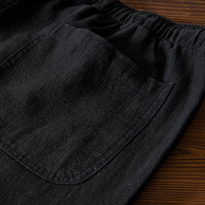 Pantalones casuales de lino y ramio con diseño simple de color liso y bolsillos para hombre con Buddha Stones - image 17
