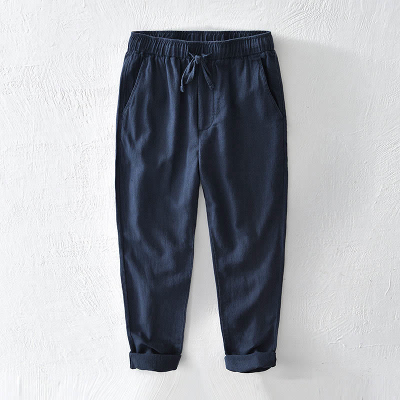 Pantalones casuales de lino y ramio con diseño simple de color liso y bolsillos para hombre con Buddha Stones - Marina de guerra - US/UK/AU44, EU54 (4XL) - image 19