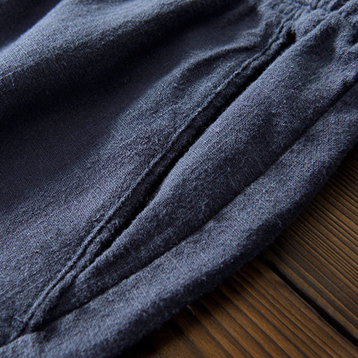 Pantalones casuales de lino y ramio con diseño simple de color liso y bolsillos para hombre con Buddha Stones - image 20