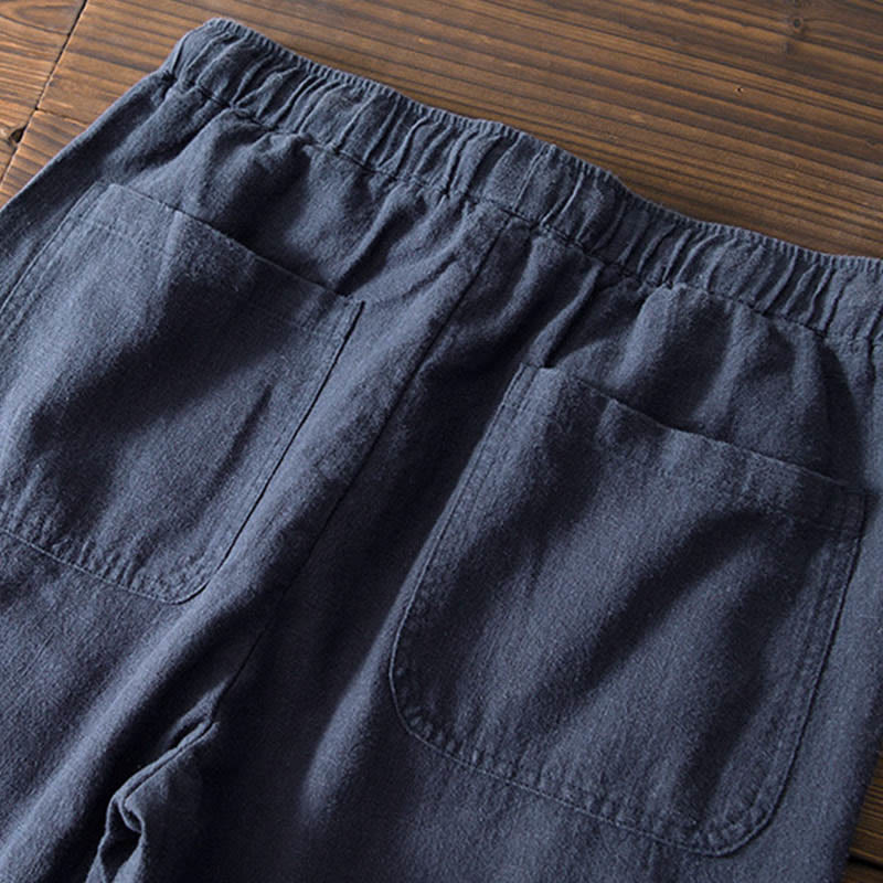Pantalones casuales de lino y ramio con diseño simple de color liso y bolsillos para hombre con Buddha Stones - image 20