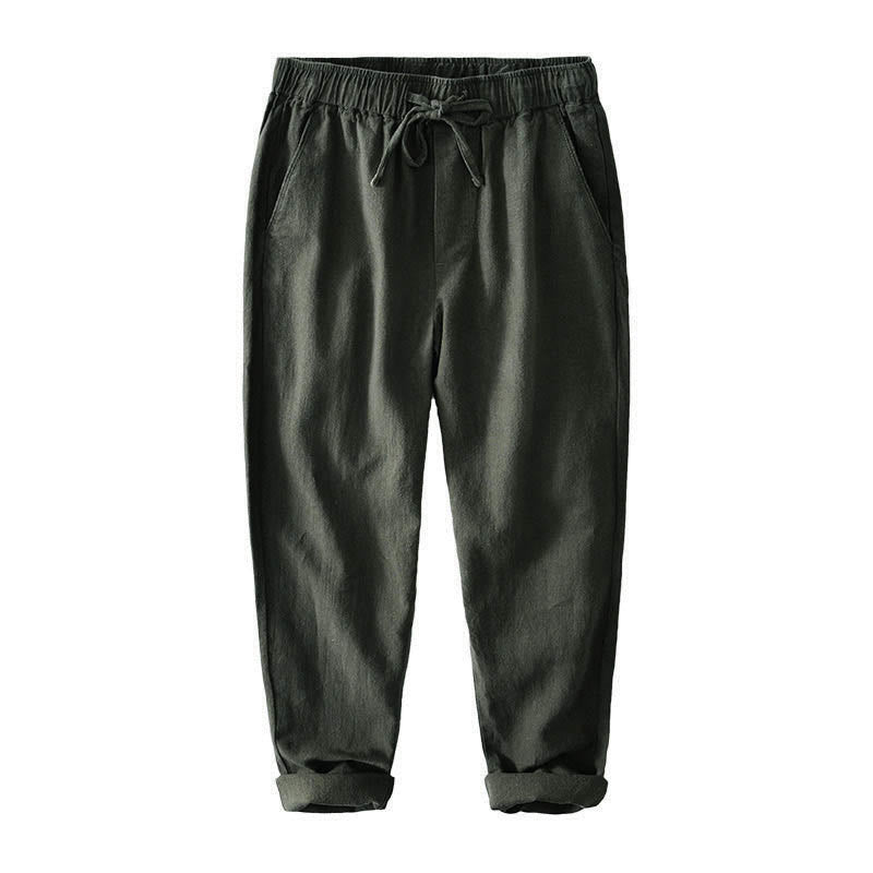 Pantalones casuales de lino y ramio con diseño simple de color liso y bolsillos para hombre con Buddha Stones - image 28