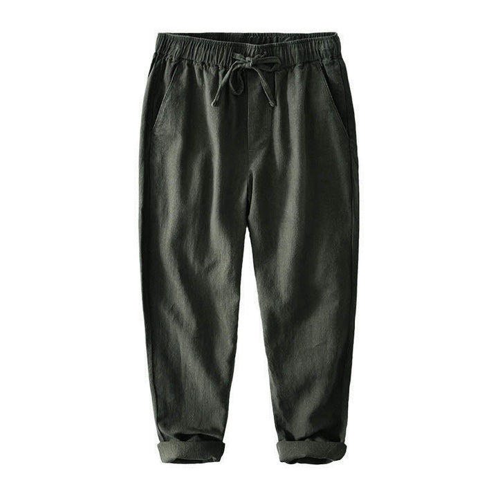 Pantalones casuales de lino y ramio con diseño simple de color liso y bolsillos para hombre con Buddha Stones - image 29