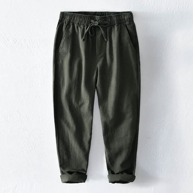 Pantalones casuales de lino y ramio con diseño simple de color liso y bolsillos para hombre con Buddha Stones - Verde bosque - US/UK/AU44, EU54 (4XL) - image 23