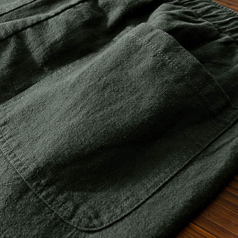 Pantalones casuales de lino y ramio con diseño simple de color liso y bolsillos para hombre con Buddha Stones - image 25