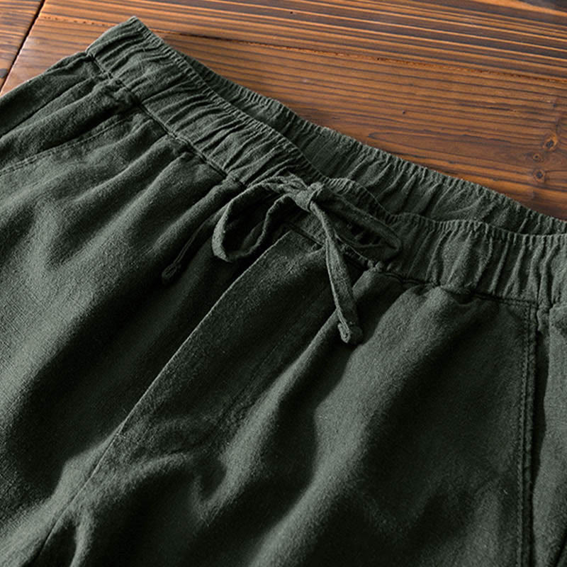 Pantalones casuales de lino y ramio con diseño simple de color liso y bolsillos para hombre con Buddha Stones - image 24