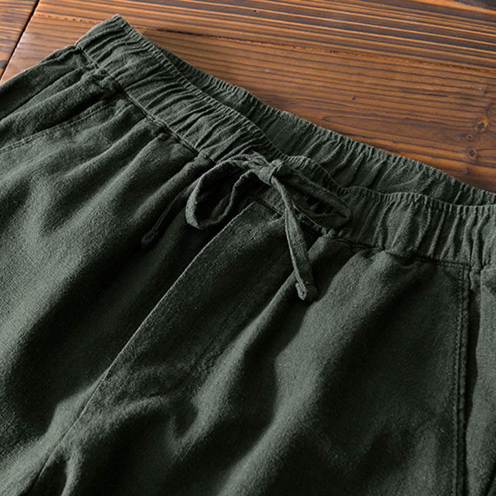 Pantalones casuales de lino y ramio con diseño simple de color liso y bolsillos para hombre con Buddha Stones - image 24