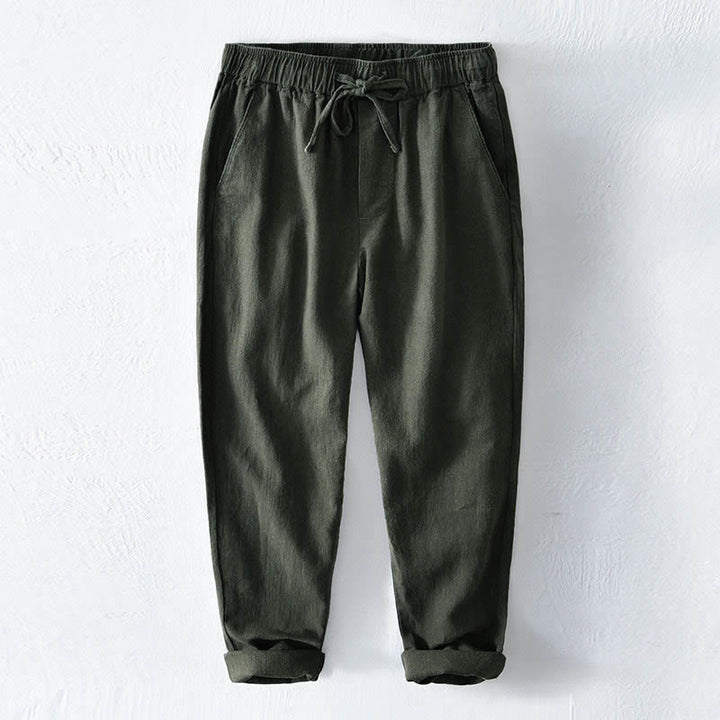 Pantalones casuales de lino y ramio con diseño simple de color liso y bolsillos para hombre con Buddha Stones - Verde bosque - US/UK/AU44, EU54 (4XL) - image 22