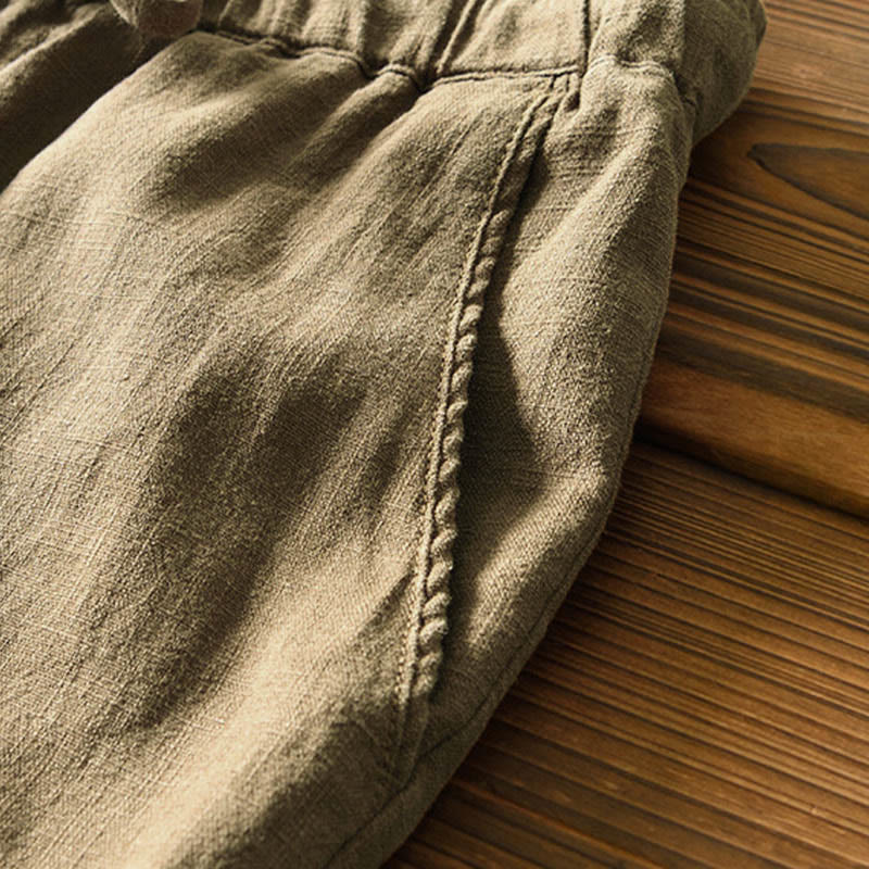 Pantalones casuales de lino y ramio con diseño simple de color liso y bolsillos para hombre con Buddha Stones - image 31