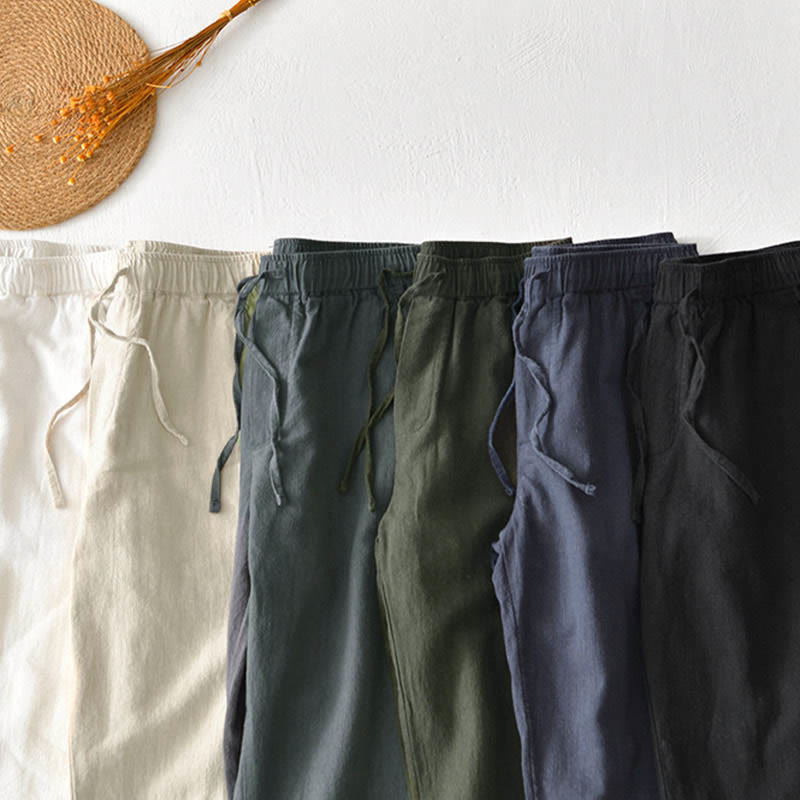 Pantalones casuales de lino y ramio con diseño simple de color liso y bolsillos para hombre con Buddha Stones - image 34