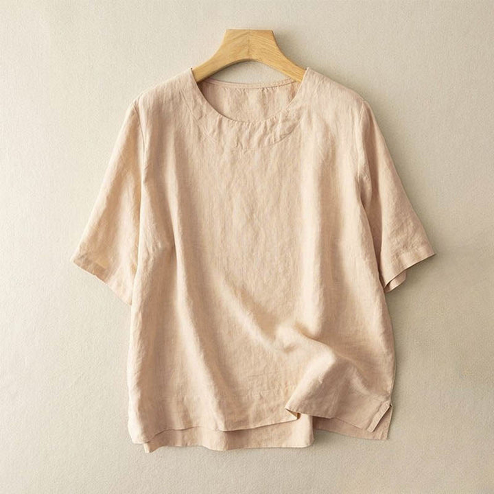 Camiseta de algodón para mujer con cuello redondo, manga corta y abertura lateral, con estampado de Buddha Stones - Caqui - US8-10, UK/AU12-14, EU40-42 (3XL) - image 2