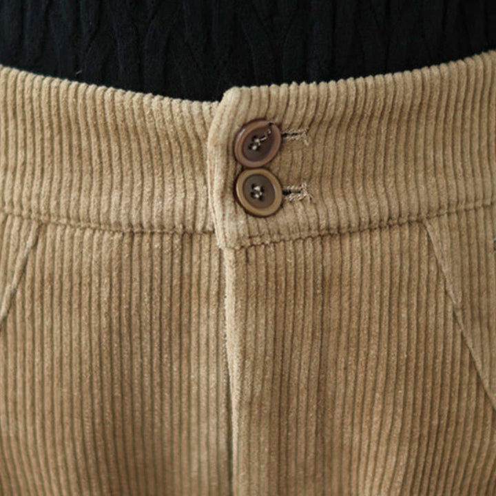 Pantalones de pana para mujer con diseño casual de Buddha Stones, botones y abertura en la pierna, con bolsillos. - image 5