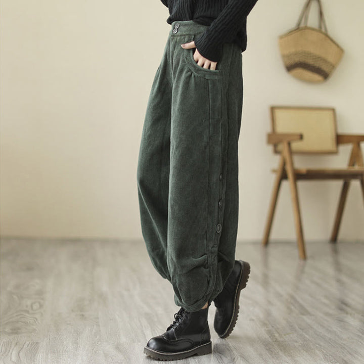 Pantalones de pana de algodón para mujer con bolsillos y botones informales con diseño de Buddha Stones - image 15