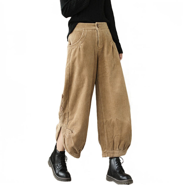 Pantalones de pana de algodón para mujer con bolsillos y botones informales con diseño de Buddha Stones - image 9