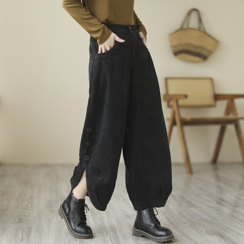 Pantalones de pana para mujer con diseño casual de Buddha Stones, botones y abertura en la pierna, con bolsillos. - Negro - US8-10，UK/AU12-14，EU40-42 (2XL) - image 6