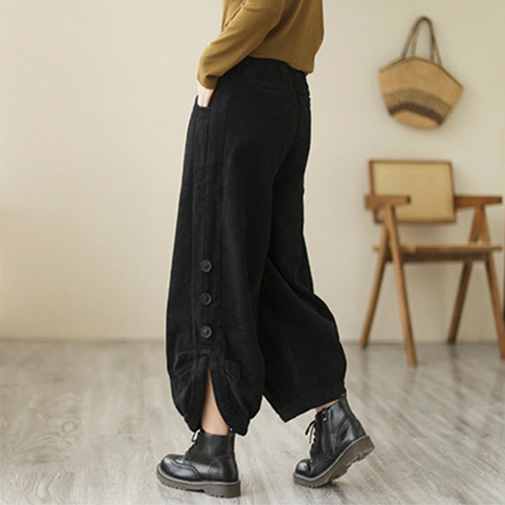 Pantalones de pana de algodón para mujer con bolsillos y botones informales con diseño de Buddha Stones - image 11
