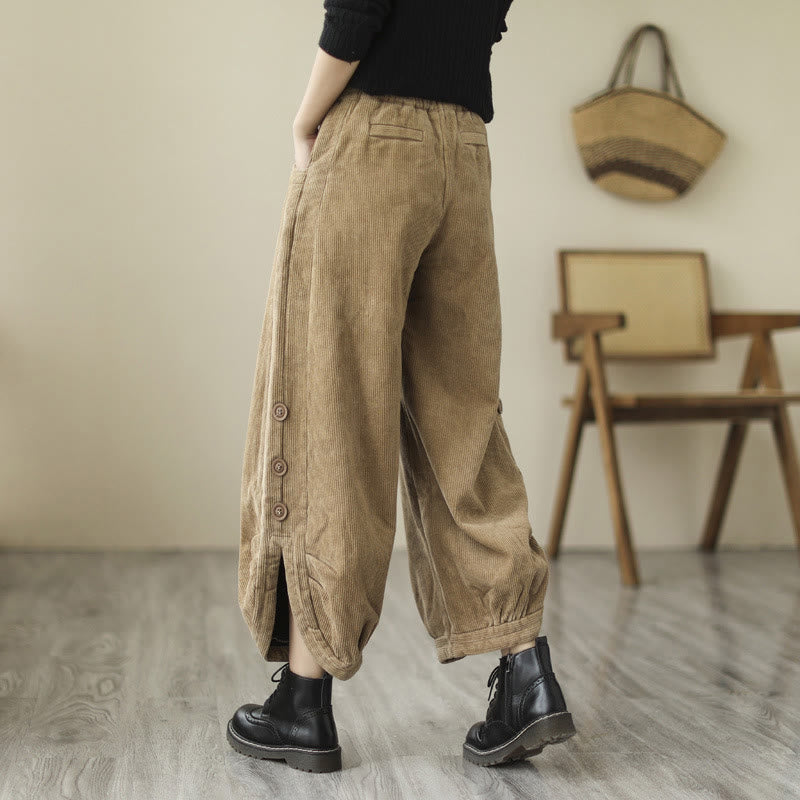 Pantalones de pana de algodón para mujer con bolsillos y botones informales con diseño de Buddha Stones - image 3