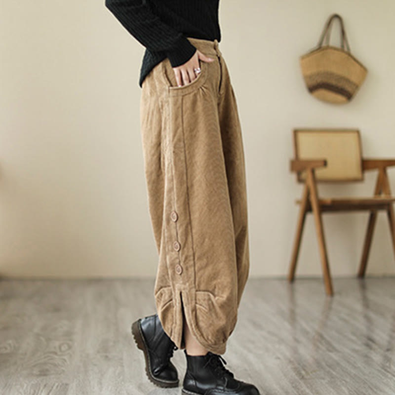 Pantalones de pana para mujer con diseño casual de Buddha Stones, botones y abertura en la pierna, con bolsillos. - image 3