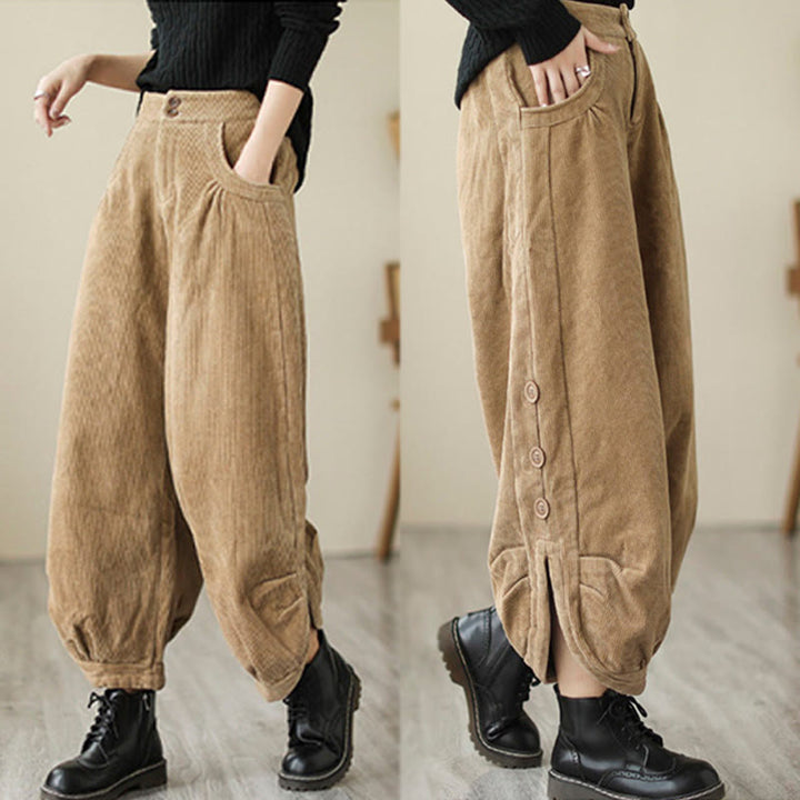 Pantalones de pana de algodón para mujer con bolsillos y botones informales con diseño de Buddha Stones - image 5