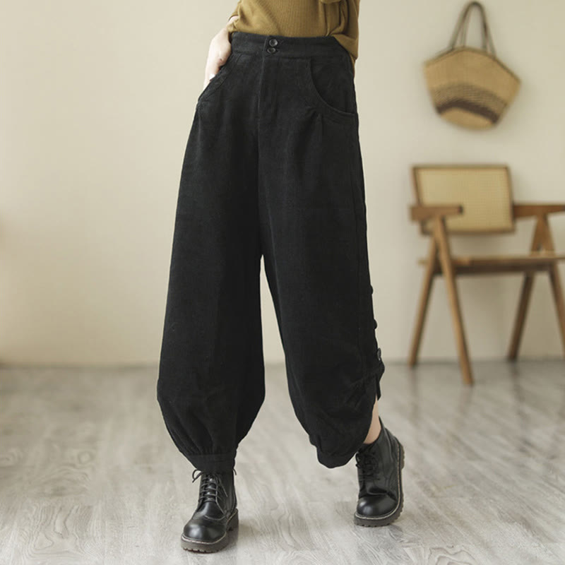 Pantalones de pana de algodón para mujer con bolsillos y botones informales con diseño de Buddha Stones - image 12