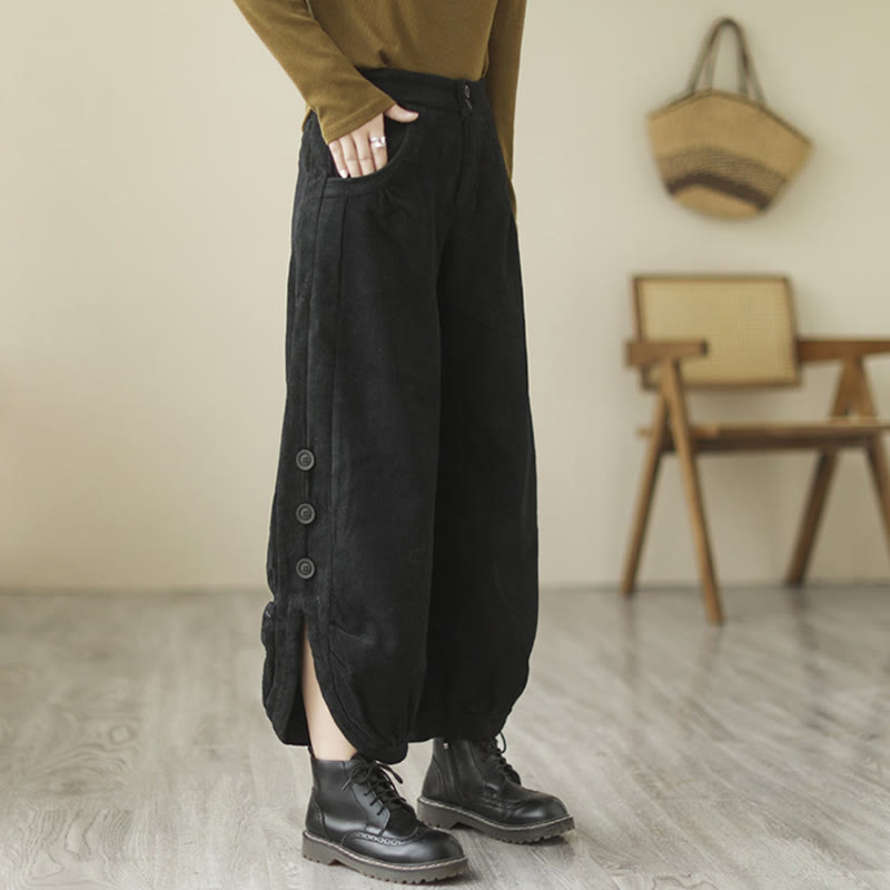 Pantalones de pana de algodón para mujer con bolsillos y botones informales con diseño de Buddha Stones - image 13