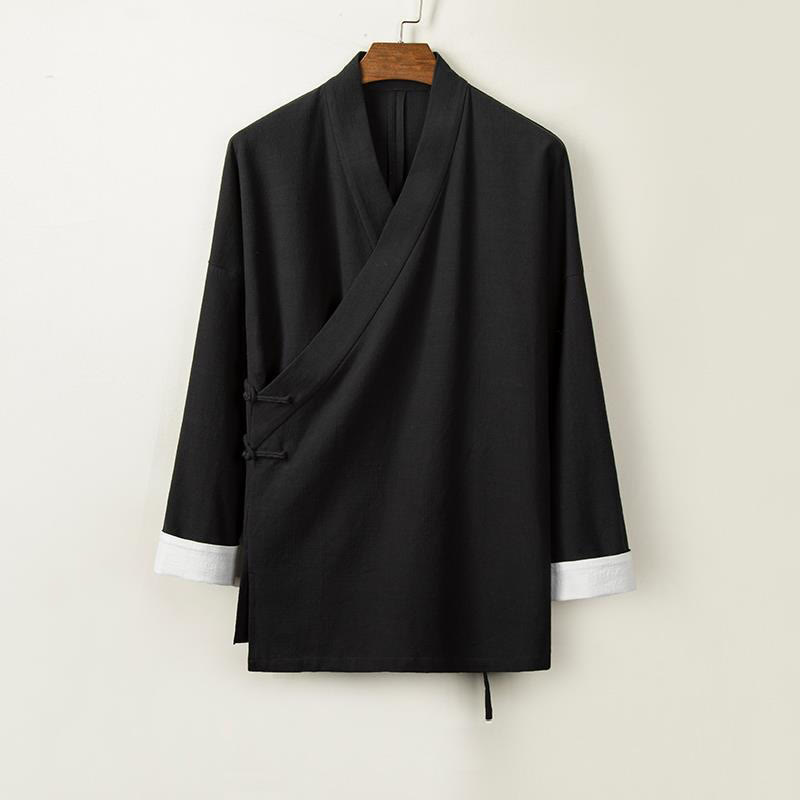 Chaqueta tipo kimono de lino y algodón para hombre, con diseño de rana china y botones de piedra de Buddha Stones , manga larga y abertura frontal. - Negro - US/UK/AU44, EU54 (4XL) - image 3