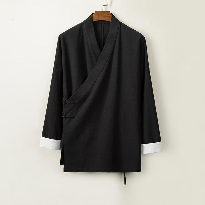 Chaqueta tipo kimono de lino y algodón para hombre, con diseño de rana china y botones de piedra de Buddha Stones , manga larga y abertura frontal. - Negro - US/UK/AU44, EU54 (4XL) - image 3