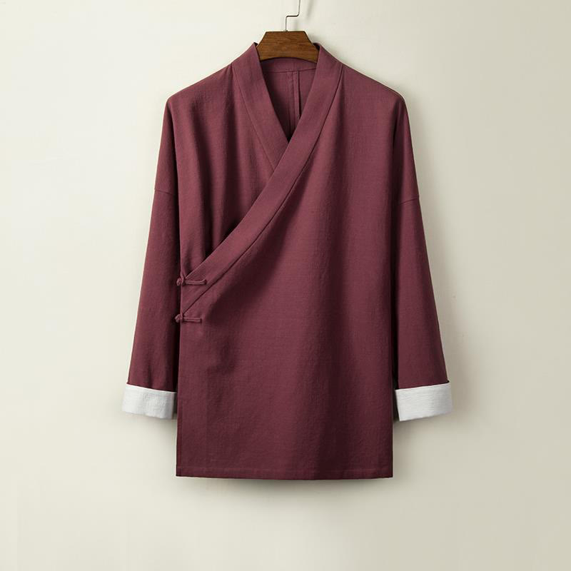 Chaqueta tipo kimono de lino y algodón para hombre, con diseño de rana china y botones de piedra de Buddha Stones , manga larga y abertura frontal. - Rojo oscuro - US/UK/AU44, EU54 (4XL) - image 5
