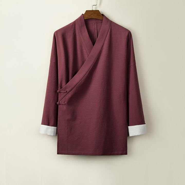 Chaqueta tipo kimono de lino y algodón para hombre, con diseño de rana china y botones de piedra de Buddha Stones , manga larga y abertura frontal. - Rojo oscuro - US/UK/AU44, EU54 (4XL) - image 5