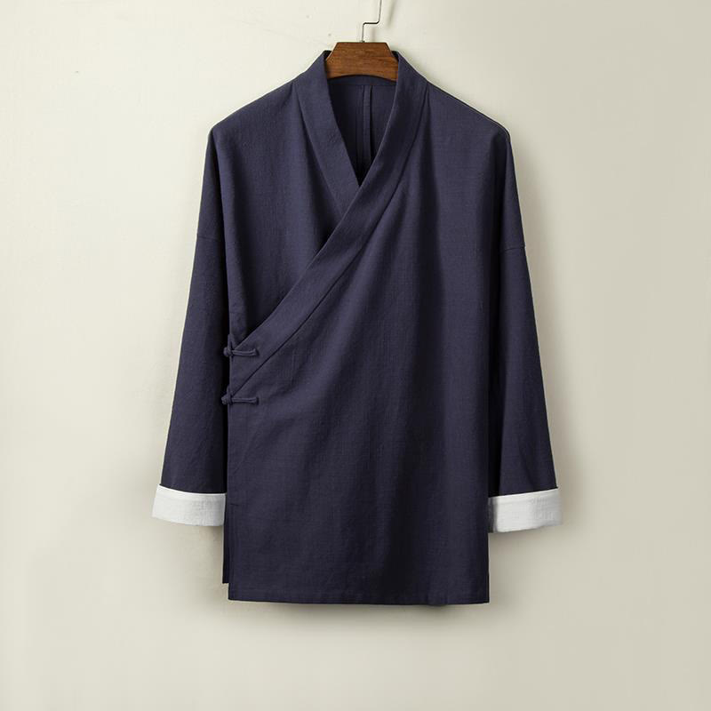 Chaqueta tipo kimono de lino y algodón para hombre, con diseño de rana china y botones de piedra de Buddha Stones , manga larga y abertura frontal. - Azul medianoche - US/UK/AU44, EU54 (4XL) - image 7