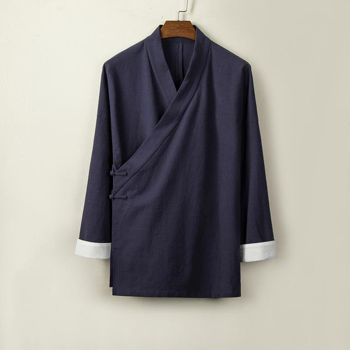 Chaqueta tipo kimono de lino y algodón para hombre, con diseño de rana china y botones de piedra de Buddha Stones , manga larga y abertura frontal. - Azul medianoche - US/UK/AU44, EU54 (4XL) - image 7