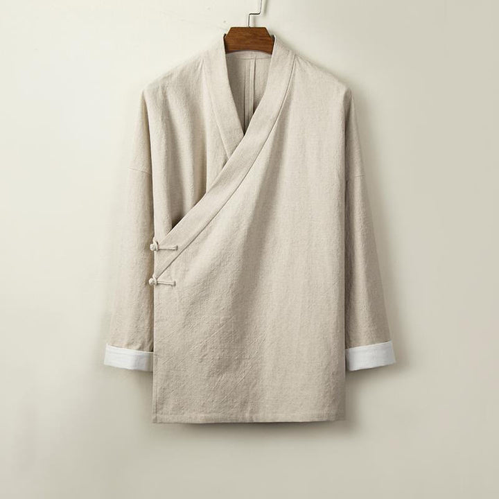 Chaqueta tipo kimono de lino y algodón para hombre, con diseño de rana china y botones de piedra de Buddha Stones , manga larga y abertura frontal. - Beige - US/UK/AU44, EU54 (4XL) - image 1