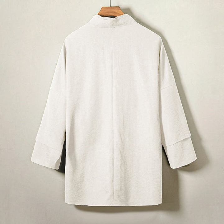 Chaqueta tipo kimono de lino y algodón de manga larga para hombre con diseño de Buddha Stones y cordones, abierta al frente - image 8