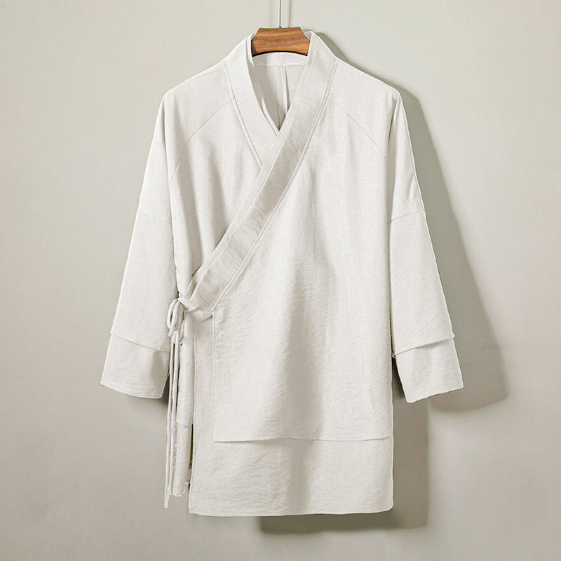 Chaqueta tipo kimono de lino y algodón de manga larga para hombre con diseño de Buddha Stones y cordones, abierta al frente - FloralBlanco - US/UK/AU44, EU54 (4XL) - image 7