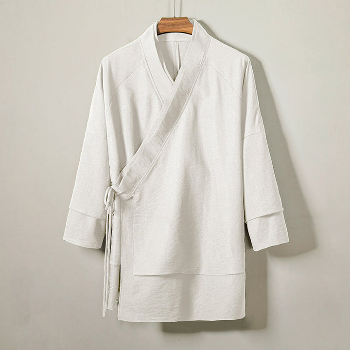 Chaqueta tipo kimono de lino y algodón de manga larga para hombre con diseño de Buddha Stones y cordones, abierta al frente - FloralBlanco - US/UK/AU44, EU54 (4XL) - image 7