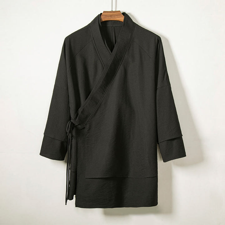 Chaqueta tipo kimono de lino y algodón de manga larga para hombre con diseño de Buddha Stones y cordones, abierta al frente - Negro - US/UK/AU44, EU54 (4XL) - image 1