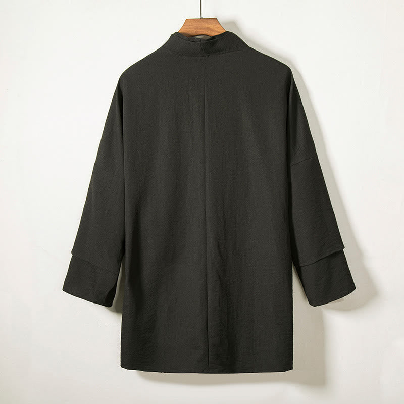 Chaqueta tipo kimono de lino y algodón de manga larga para hombre con diseño de Buddha Stones y cordones, abierta al frente - image 2
