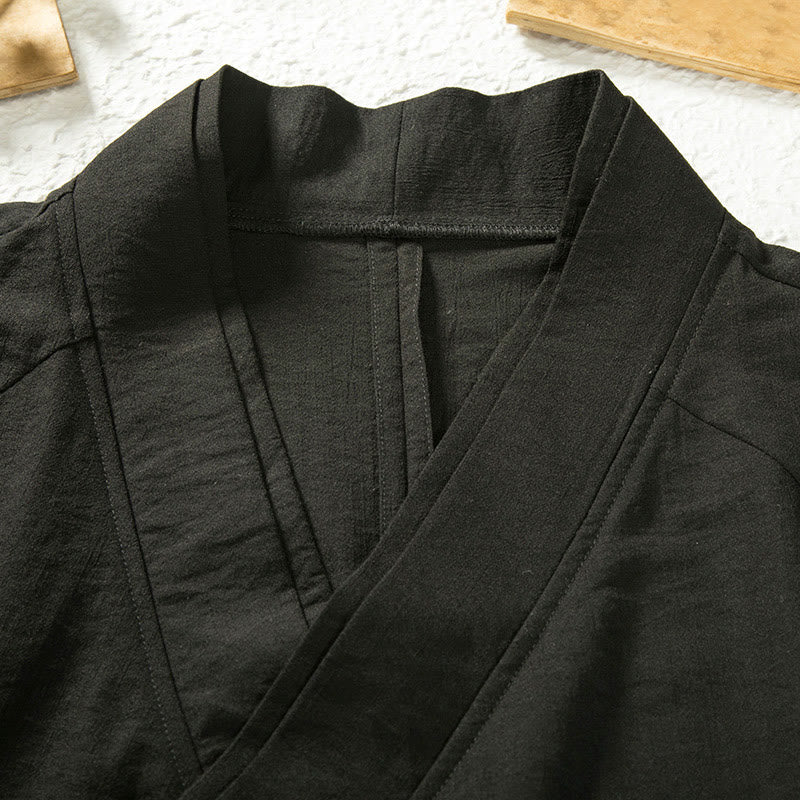 Chaqueta tipo kimono de lino y algodón de manga larga para hombre con diseño de Buddha Stones y cordones, abierta al frente - image 3
