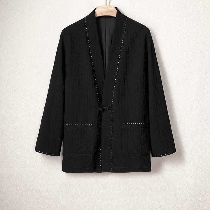 Chaqueta estilo kimono de algodón y lino de manga larga con botones de rana y pliegues lisos para hombre de Buddha Stones - Negro - US/UK/AU48, UE58 (4XL) - image 7