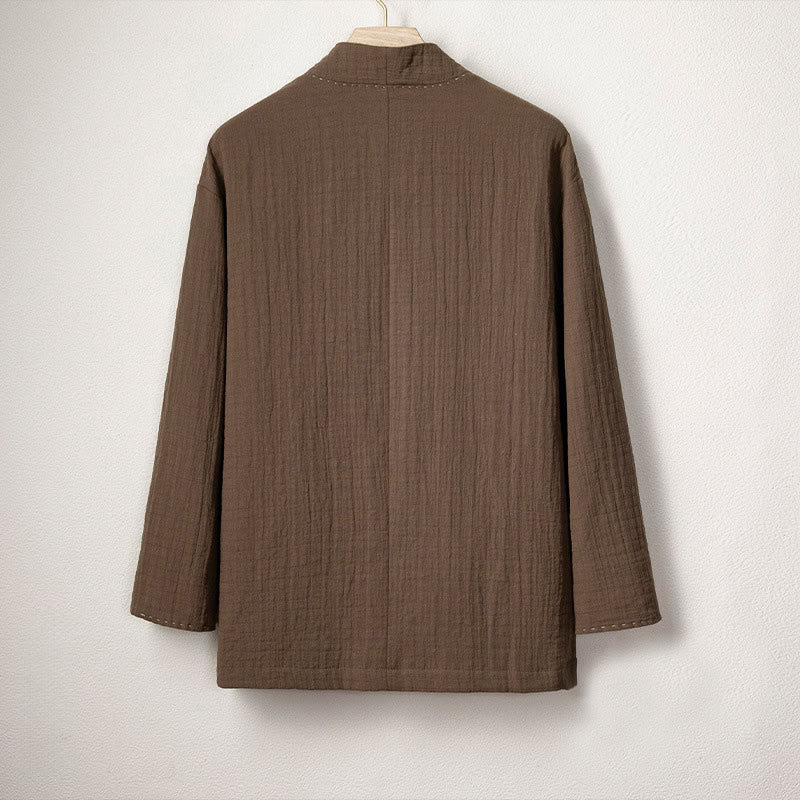 Chaqueta estilo kimono de algodón y lino de manga larga con botones de rana y pliegues lisos para hombre de Buddha Stones - image 2