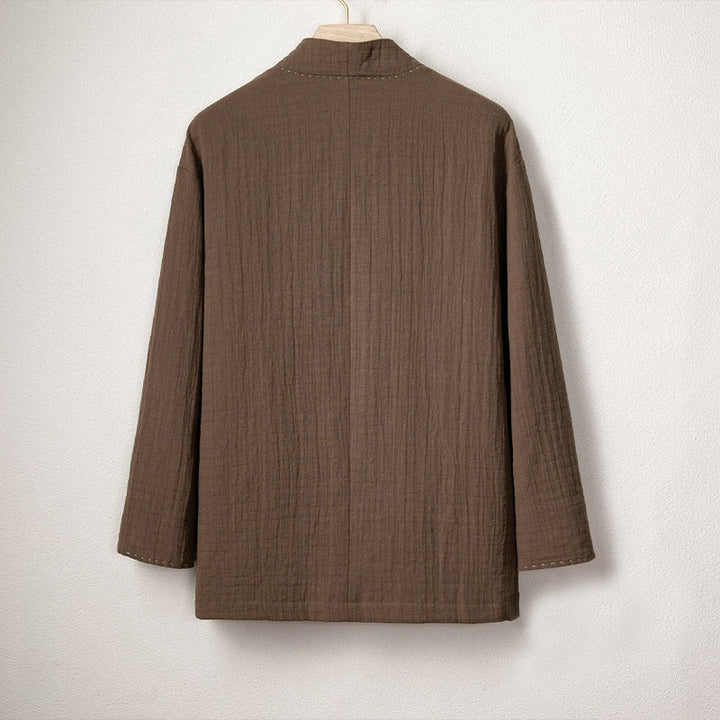 Chaqueta estilo kimono de algodón y lino de manga larga con botones de rana y pliegues lisos para hombre de Buddha Stones - image 2