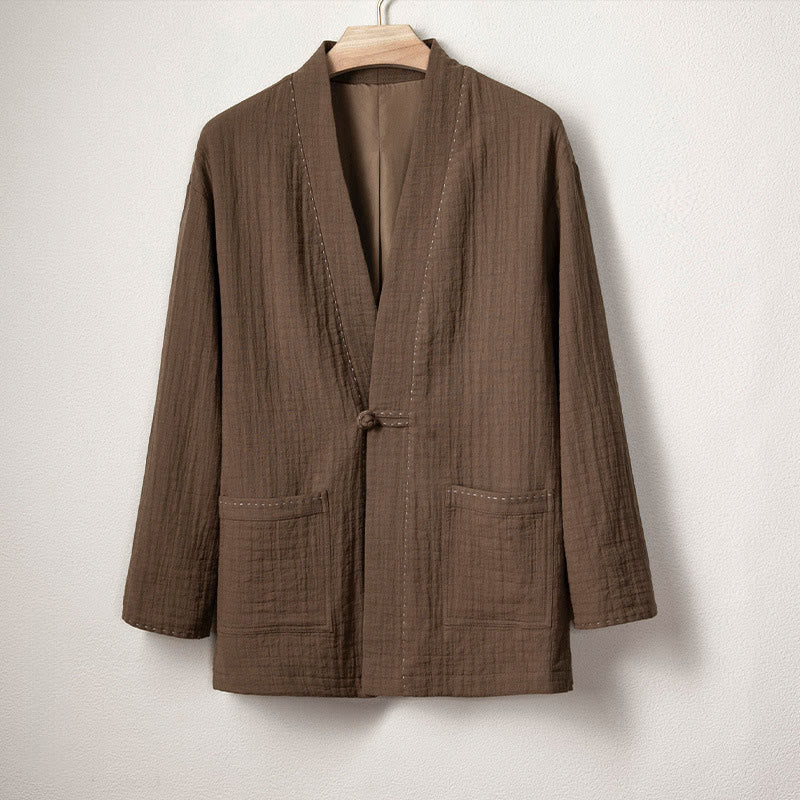Chaqueta estilo kimono de algodón y lino de manga larga con botones de rana y pliegues lisos para hombre de Buddha Stones - SaddleBrown - US/UK/AU48, UE58 (4XL) - image 1