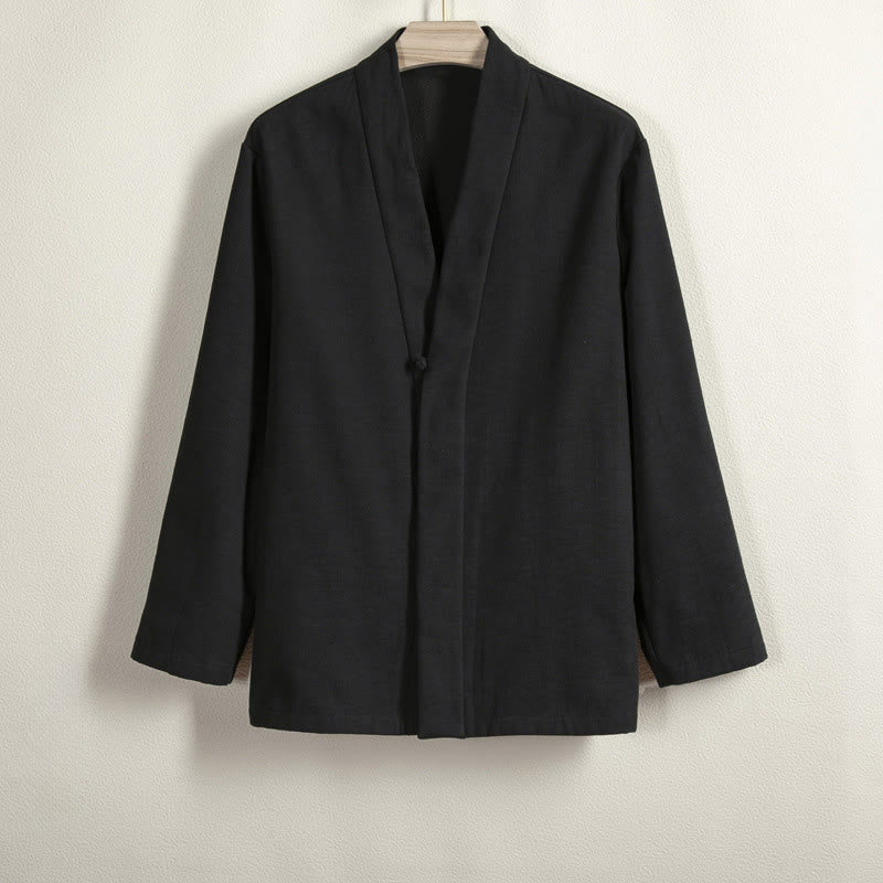Chaqueta estilo kimono de lino y algodón con forro polar, manga larga, botones de rana y abertura frontal para hombre de Buddha Stones - Negro - US/UK/AU44, EU54 (4XL) - image 9