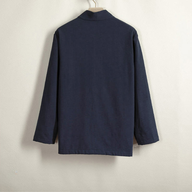 Chaqueta estilo kimono de lino y algodón con forro polar, manga larga, botones de rana y abertura frontal para hombre de Buddha Stones - image 1