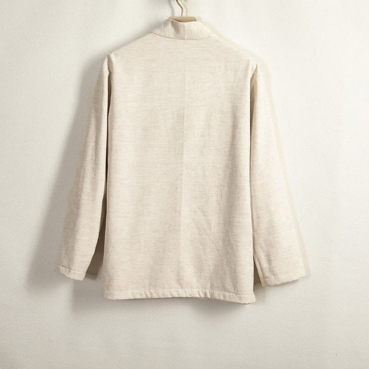 Chaqueta estilo kimono de lino y algodón con forro polar, manga larga, botones de rana y abertura frontal para hombre de Buddha Stones - image 8