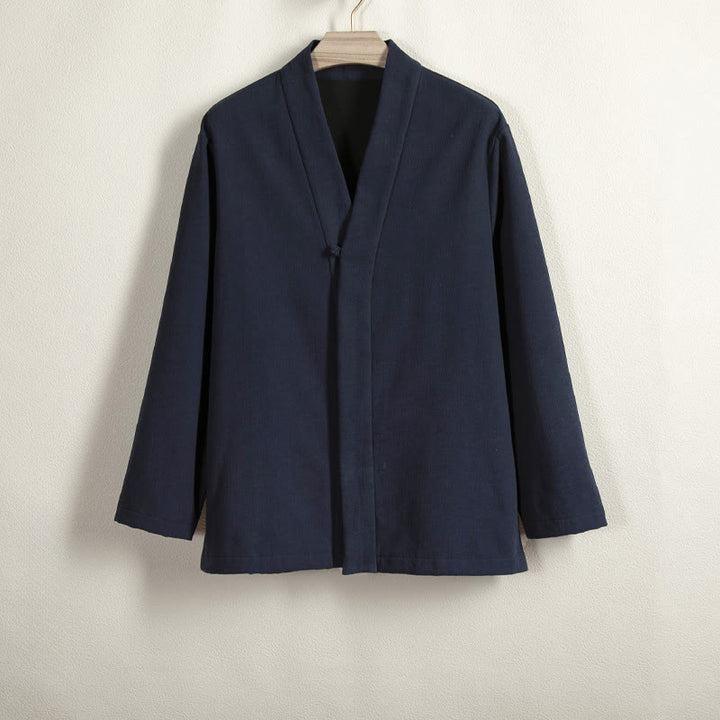 Chaqueta estilo kimono de lino y algodón con forro polar, manga larga, botones de rana y abertura frontal para hombre de Buddha Stones - Azul medianoche - US/UK/AU44, EU54 (4XL) - image 1