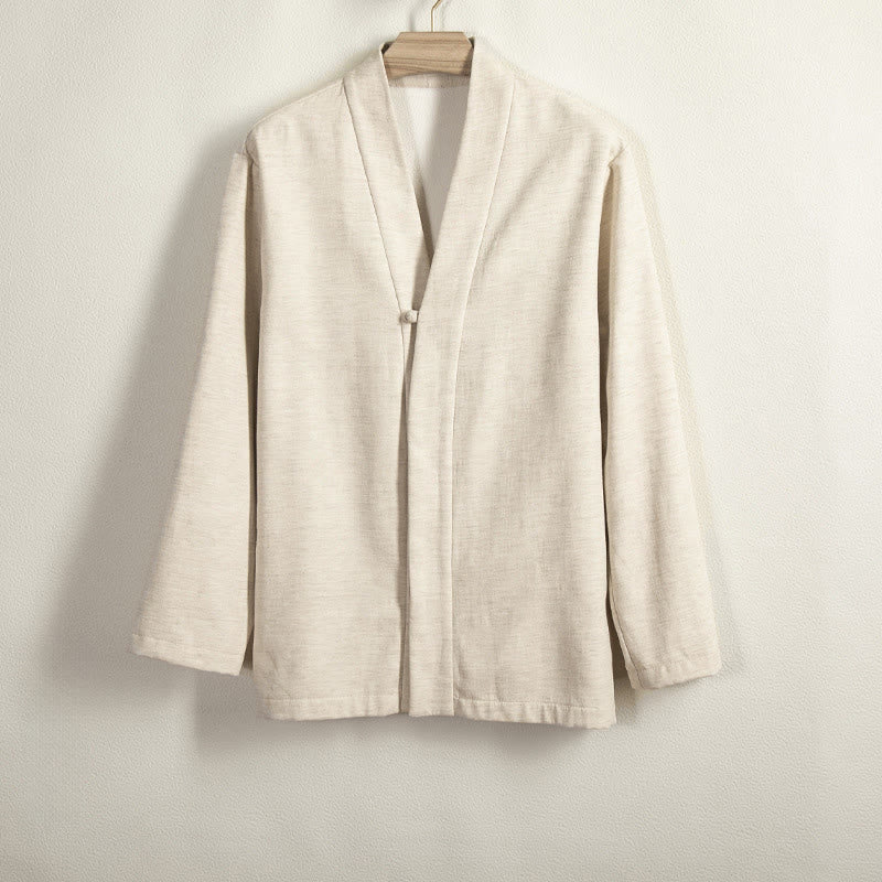 Chaqueta estilo kimono de lino y algodón con forro polar, manga larga, botones de rana y abertura frontal para hombre de Buddha Stones - Beige - US/UK/AU44, EU54 (4XL) - image 7