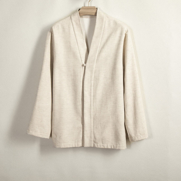 Chaqueta estilo kimono de lino y algodón con forro polar, manga larga, botones de rana y abertura frontal para hombre de Buddha Stones - Beige - US/UK/AU44, EU54 (4XL) - image 7