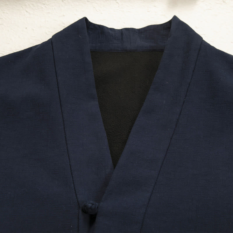 Chaqueta estilo kimono de lino y algodón con forro polar, manga larga, botones de rana y abertura frontal para hombre de Buddha Stones - image 2