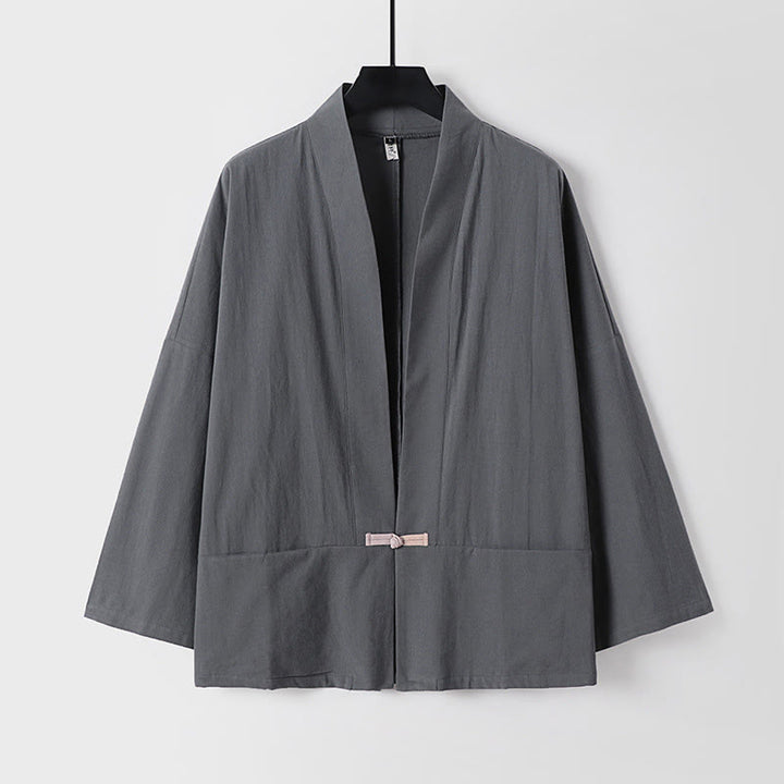 Chaqueta estilo kimono de lino y algodón con diseño de botones y mangas largas de Buddha Stones para hombre, abierta al frente, con bolsillos - Gris oscuro - US/UK/AU54, EU64 (9XL) - image 1